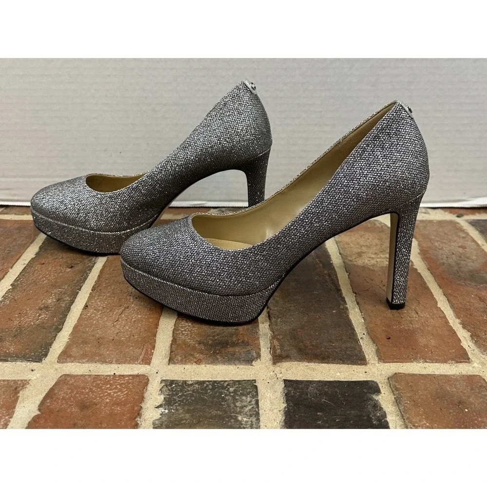 Michael Kors Silver Glitter Chantal Platform Pumps High Heel Shoes Women's 8.5